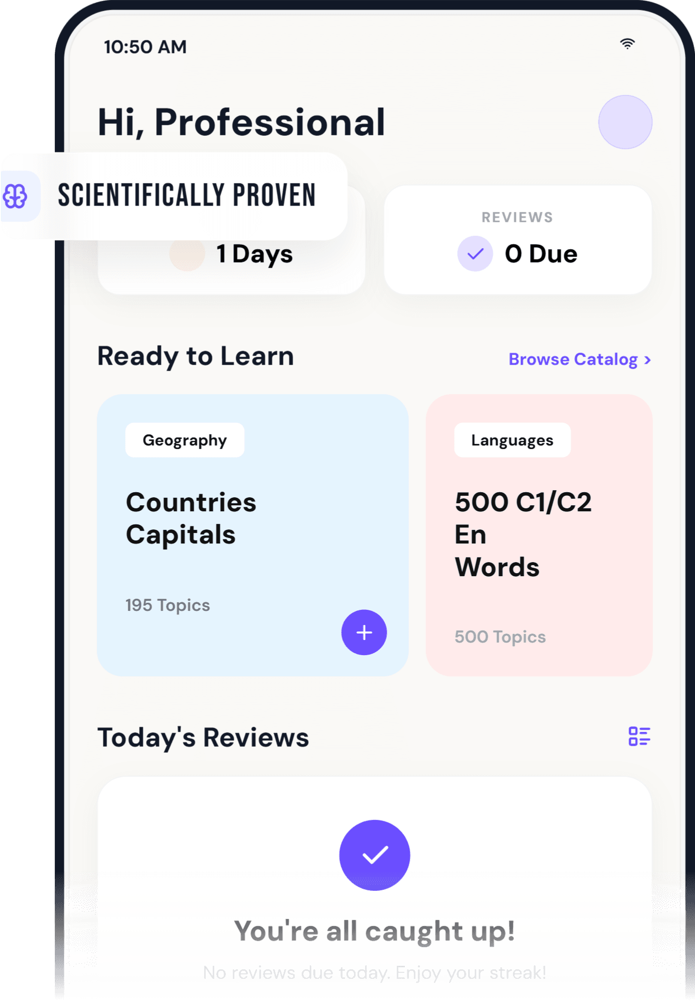 Spaced home screen showing streak, due reviews and catalog sets